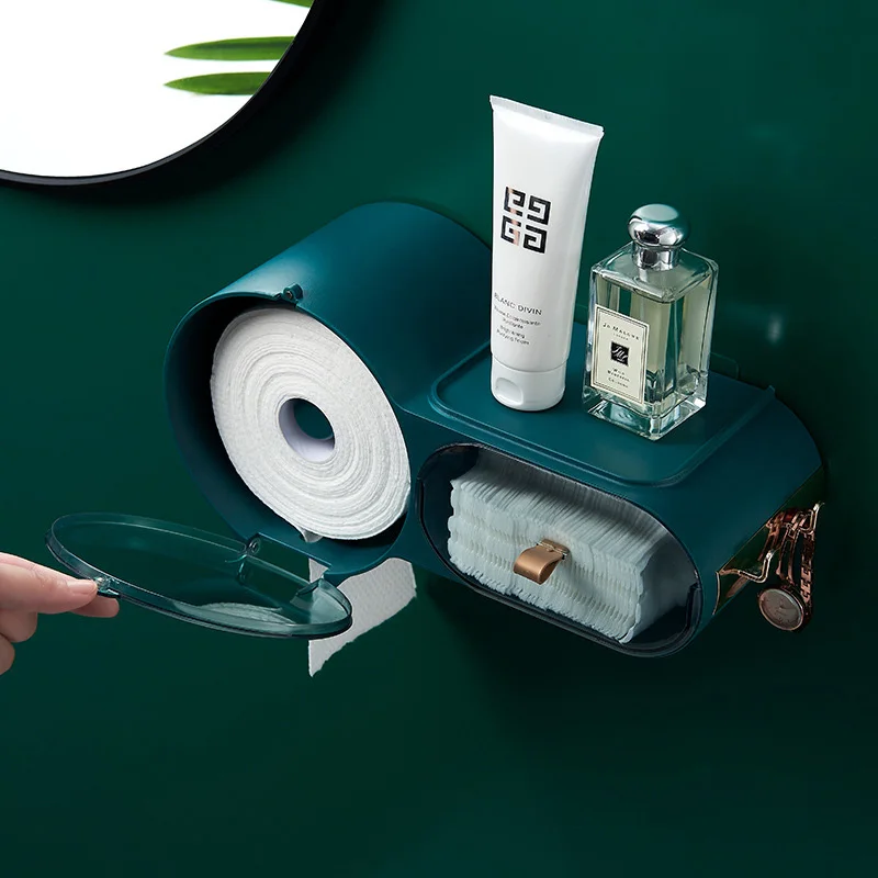 

Wall-Mounted Punch-Free Self-Adhesive Waterproof Toilet Tissue Box Cover Storage Rack Multifunctional Bathroom Storage Box Paper