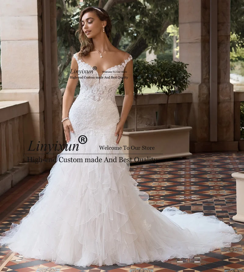 

African Mermaid Wedding Dress Lace Sweetheart Neckline Cap Sleeves With Ruffles Plus Size Bride Gown 2021 Vestidos De Novia