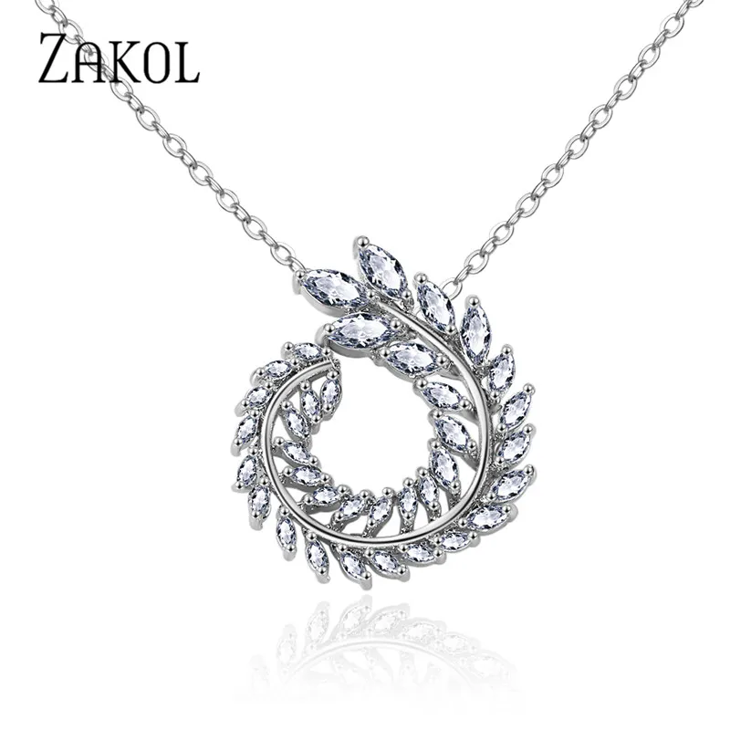 ZAKOL Trendy Leaf Shape Clear AAA+ CZ Zirconia White Color Pendants Necklaces for Women Wedding Party Jewelry FSNP062 | Украшения и