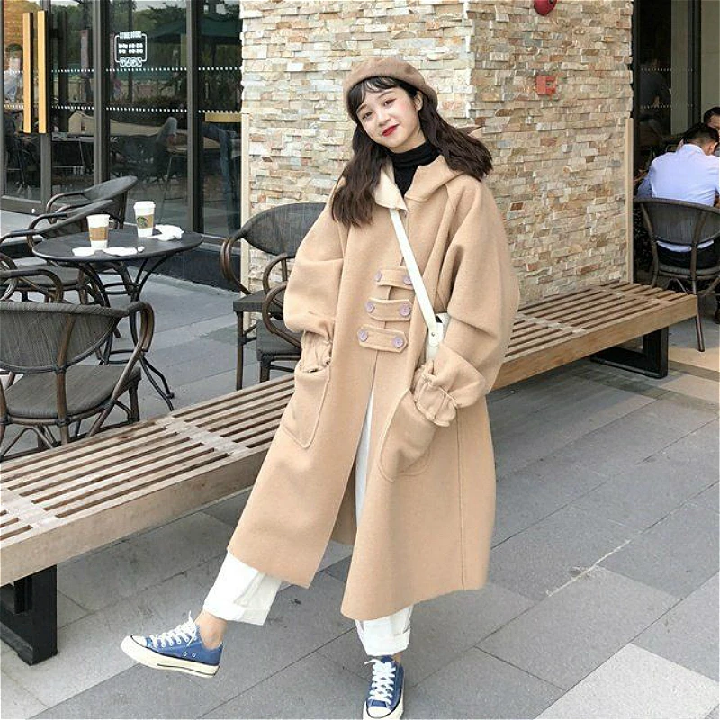 

Wool Blends Women Winter Solid Buttons Hooded Students Loose Elegant Sweet Korean Style Womens Outwears Chic All-match Fashion