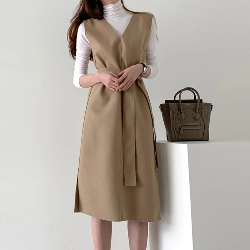 

Sister Fara New Spring 2021 Lace Sleeveless Dress Women V-Neck Sashes Split Straight Dresses Autumn Office Lady Elegant Dress