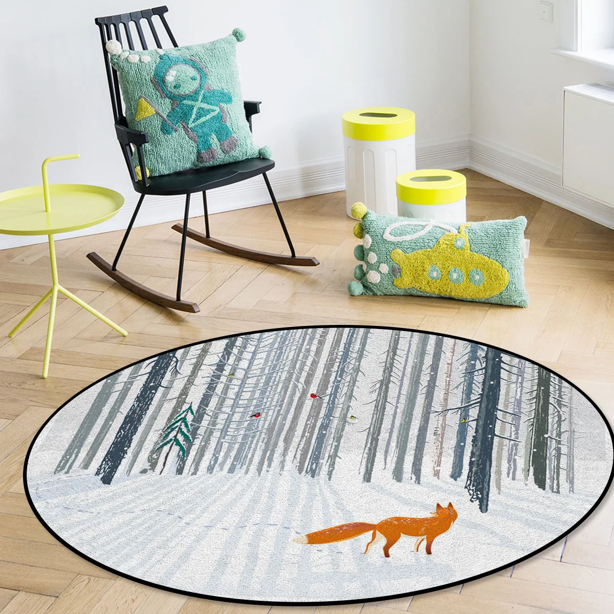 Большие круглые коврики с белым принтом животных птиц лисы лес для гостиной