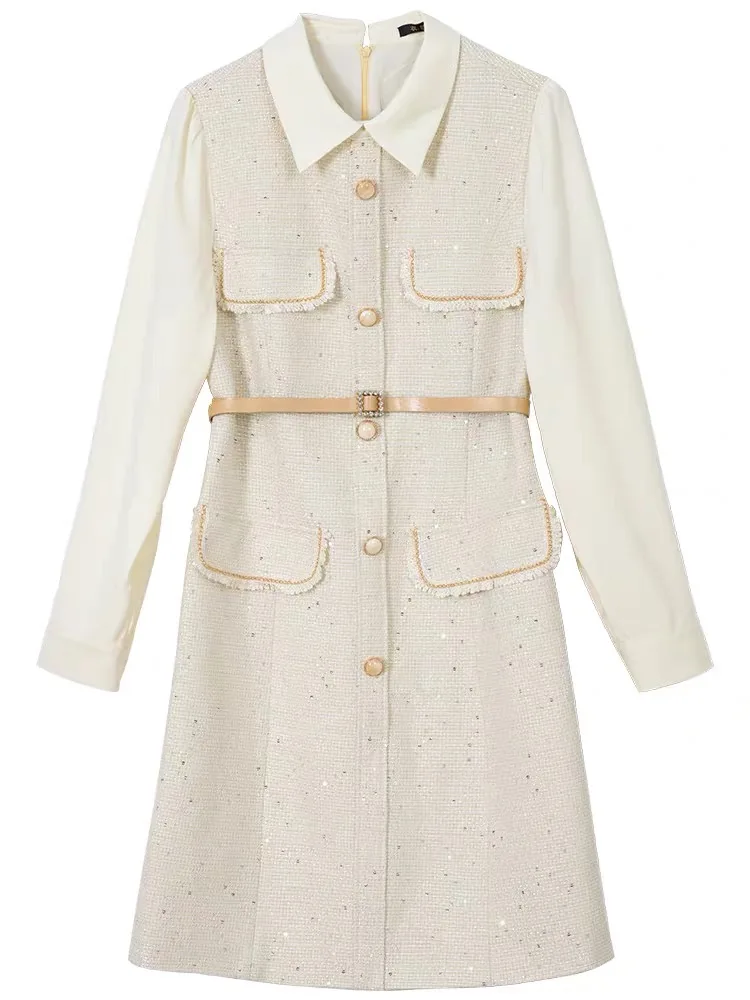 

2021 Spring Autumn New Style Long Sleeve Women's Dress Luxury Temperament Belt Button Stitching Korean Version