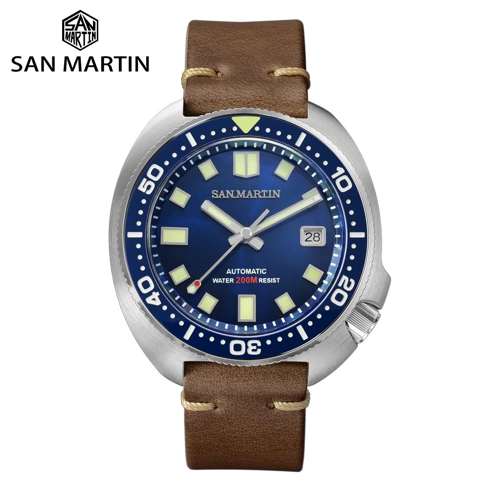 

San Martin Upgraded Version Turtle Diver Watch 20 Bar Stainless Steel Men Automatic Mechanical Sapphire Horween Leather Luminous