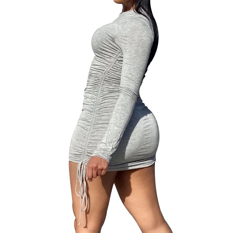 

Sexy Women Solid Sheath Mini Dress Long Sleeve O Neck Draped Drawstring Female Fashion Bodycon Club Party Short Dresses 2021 New
