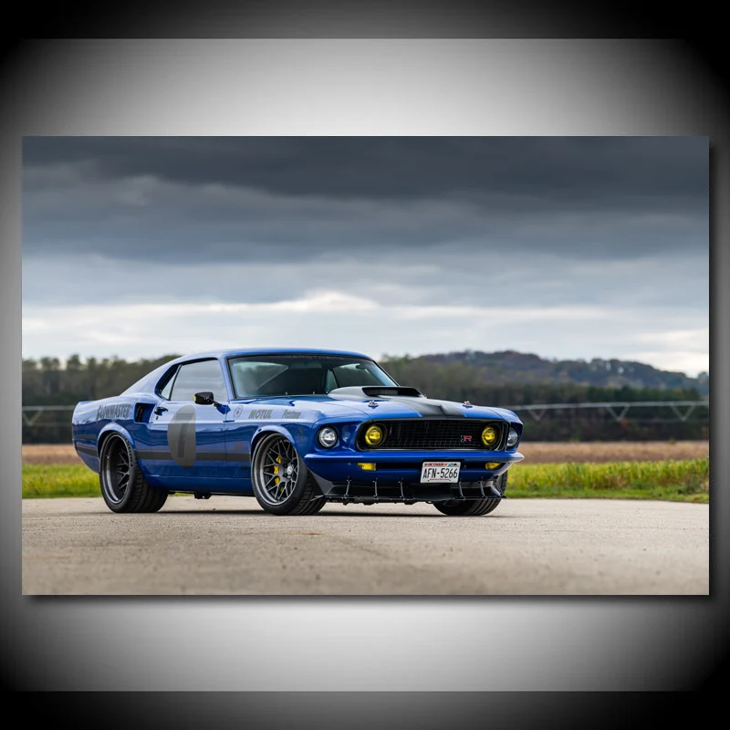 Живопись на холсте Ford 1969 Mustang Mach 1 Blue Metallic Car Posters Modern Wall Art Picture HD Prints для декора гостиной.