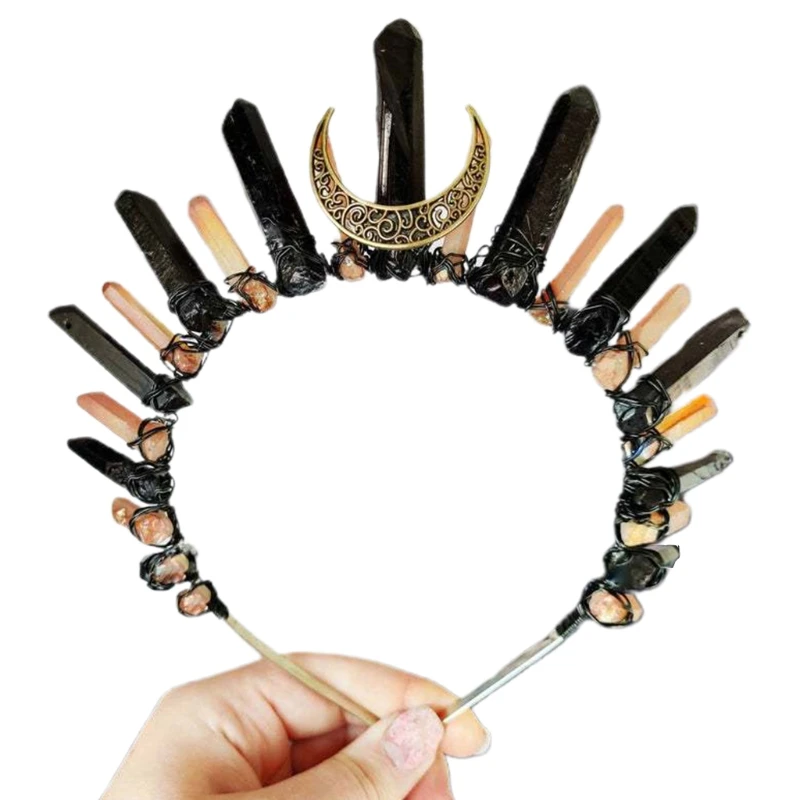 

Boho Antique Moon Jewelry Tiara Crown Headband Contrast Color Bright Raw Crystal Quartz Halo Hair Hoop Party Headdress