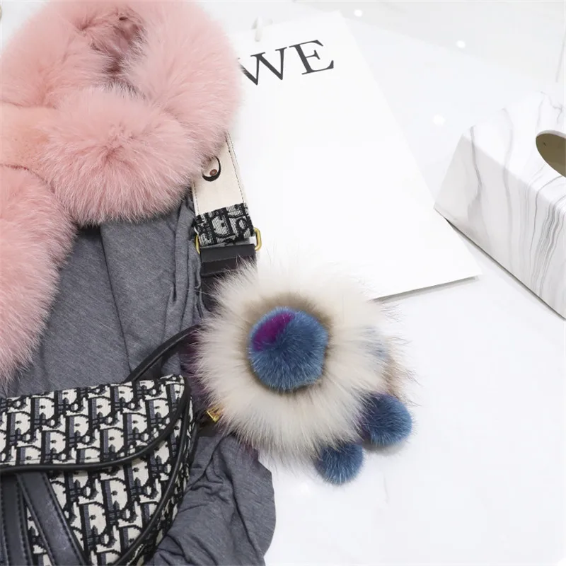 Пушистый настоящий норковый мех кулон милый Синий Лев женская сумка висячий