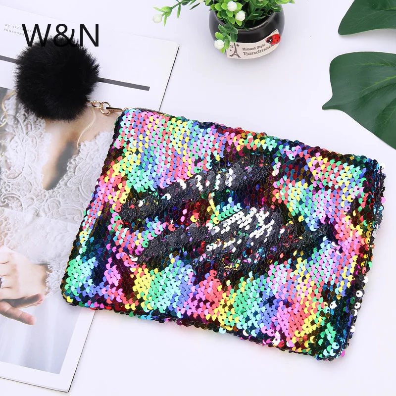 

Reversible Sequin Hairball Pencil Case For Girls School Supplies Stationery Big Pencil Box Multicolor Pencilcase Makeup Bag