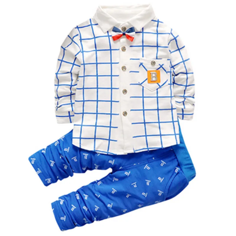 Boys Set Autumn Plaid Long Sleeve Shirt Pants 2 Piece Letter B Gentleman Bow Children's Clothing Suit K1 |