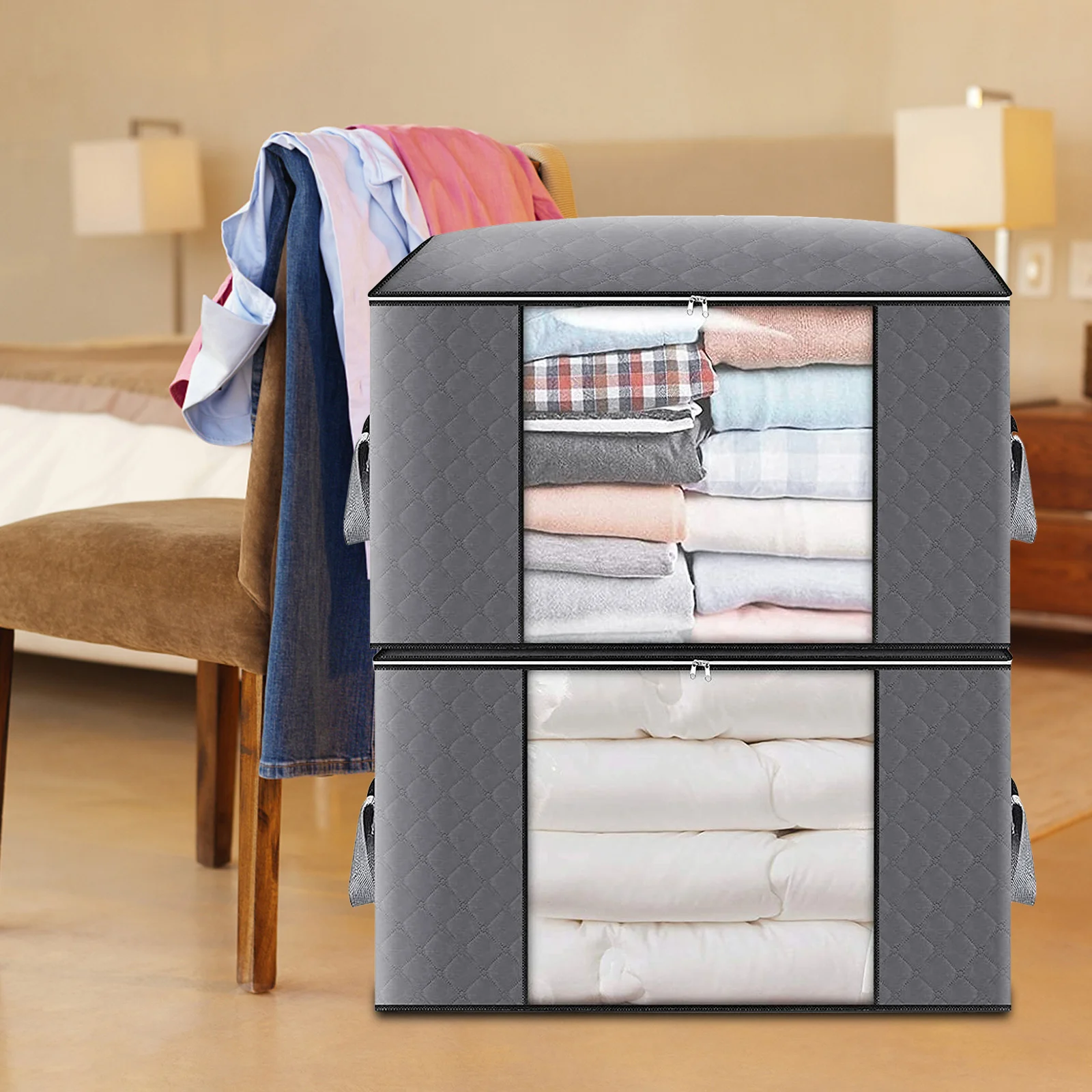 

Large Storage Bag 90L Foldable Containers Clothes Storage Bag Organizer Foldable Containers with Sturdy Zipper