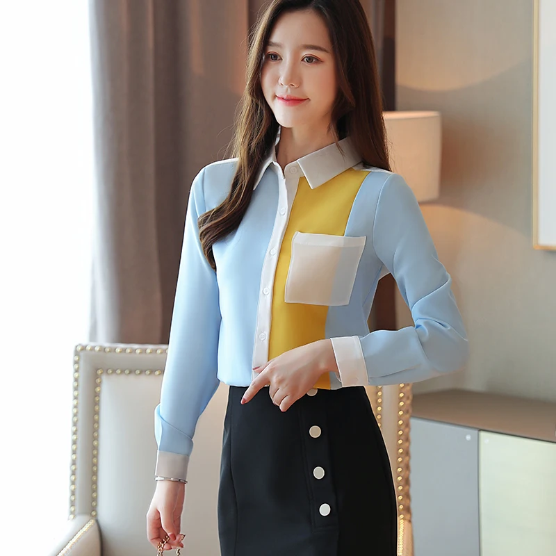 Корейские женщины моды топы и блузки шифон офис леди женские рубашки дамы