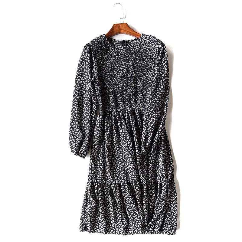 

Japanesev Vintage Print Long Sleeve Dresses for Women Spring O-Neck Flounced Edge Vestido Mujer Slim Waist Female Robe