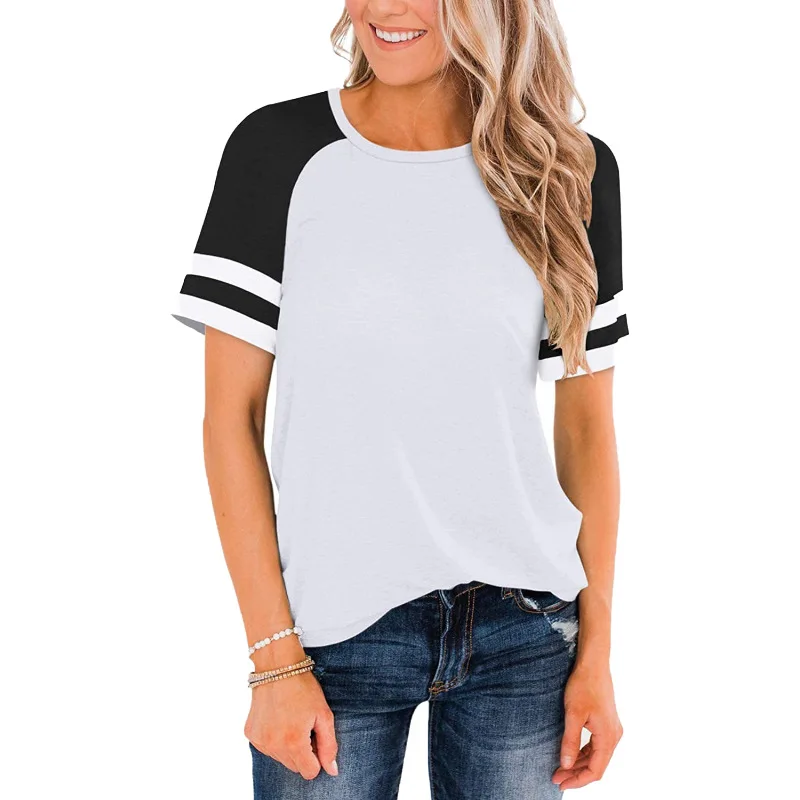 

Women's 2021 spring and summer new round neck color matching loose short-sleeved t-shirt top women