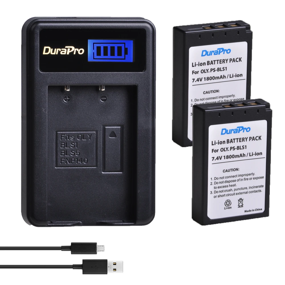 2 шт. аккумулятор DuraPro BLS1 + Автомобильное/настенное зарядное устройство для Olympus