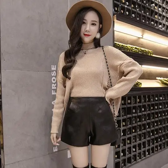 2019 Новое поступление женские широкие шорты из искусственной кожи осенние черные