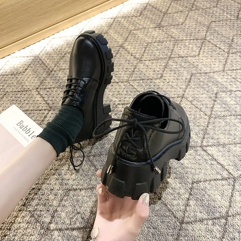 Women's Small Leather Shoes British Style Women's Boots Korean Version of The Wild Increase Platform Platform Single Shoes Women