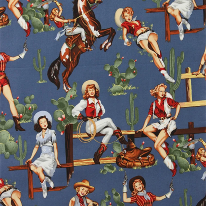 

Retro Cotton Fabric for Dress Twill Printed Poplin Western Girl Pattern Doll Cloth Sewing DIY Handmade Patchwork