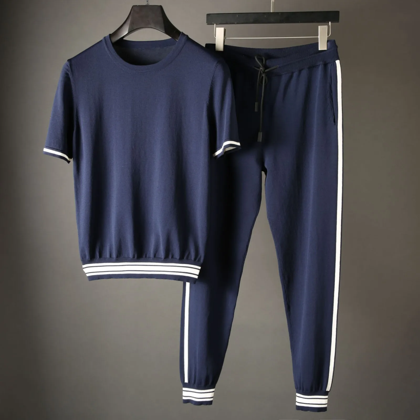 

2021 Summer Mens Sets (t-shirt+pants) Luxury Knitted Short Sleeve Casual Male Sets Fashion Slim Fit Sport Casual Man Sets 4XL