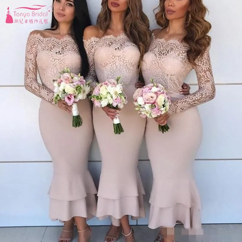 

Off the Shoulder Wedding Party Dresses Sexy Lace Long Sleeves Tiered Mermaid Bridesmaid Dresses Ankle Length Prom Dresses W006