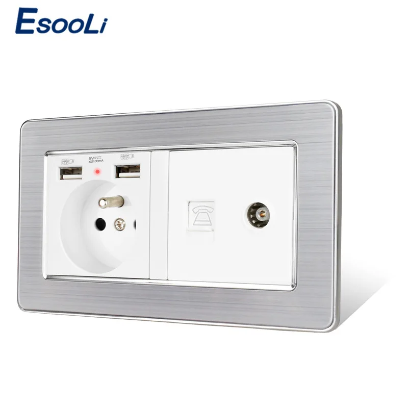 ESOOLI панель из нержавеющей стали французская стандартная розетка с 2 usb-портом для