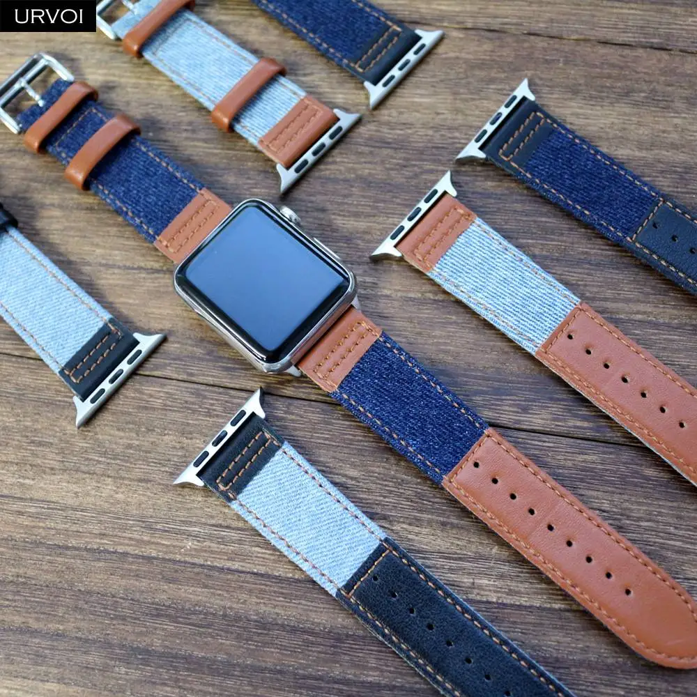 Джинсовая лента URVOI для Apple Watch 6 SE 5 4 321 кожаный ремешок с джинсовым ремешком