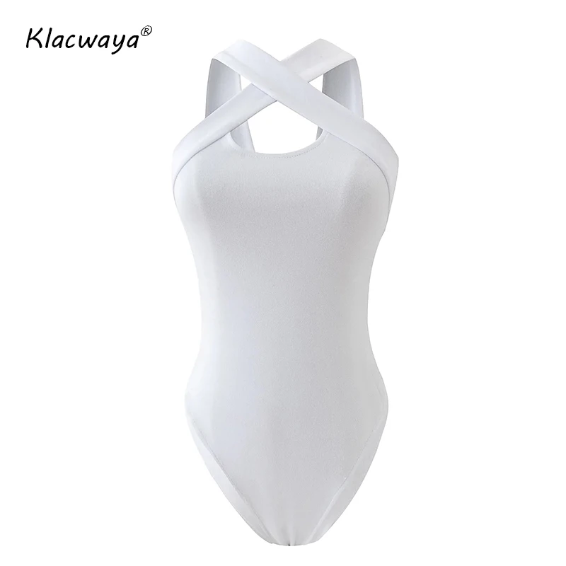 Женский ребристый комбидресс Klacwaya Белый боди на тонких бретельках без рукавов с