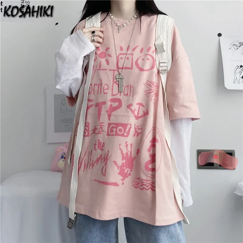 

KOSAHIKI с буквенным принтом комплект платья из двух частей, футболка с длинным рукавом женская одежда уличная Лоскутные свободные топы в Корей...