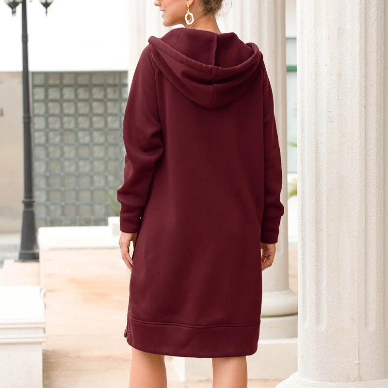 

Women Sweatshirt 2019 Autumn Winter New Hoodie Solid Long Hem Button Slit Pullover Zipper Hooded Long Coat Black Plus Size 3XL