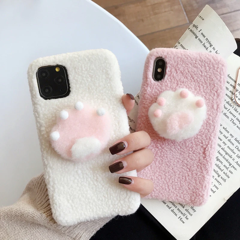 Розовый плюшевый милый чехол для мобильного телефона с когтями кошки iPhone 11 Pro Max XS