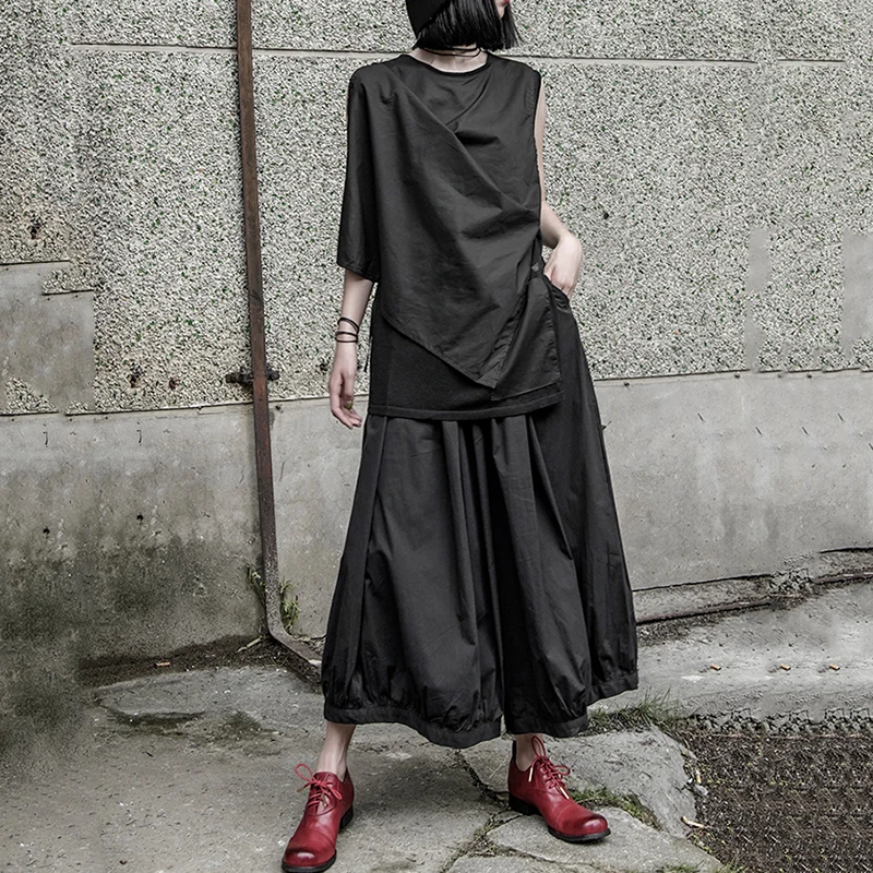 [EAM] Новинка 2021 года Сезон весна-осень Черные плиссированные свободные брюки с