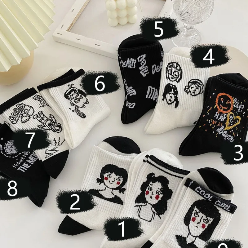 

3pairs Black White Cool Girls Cartoon Short Socks Harajuku Cotton Cute Socks For Hipster Breathable Funny Patterned Sock