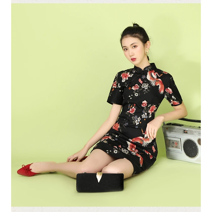 

New Spring and Summer Spot Real Shot Black Etched Cheongsam Short Girl Elegant Chinese Style New Improved Version of Sexy Dress