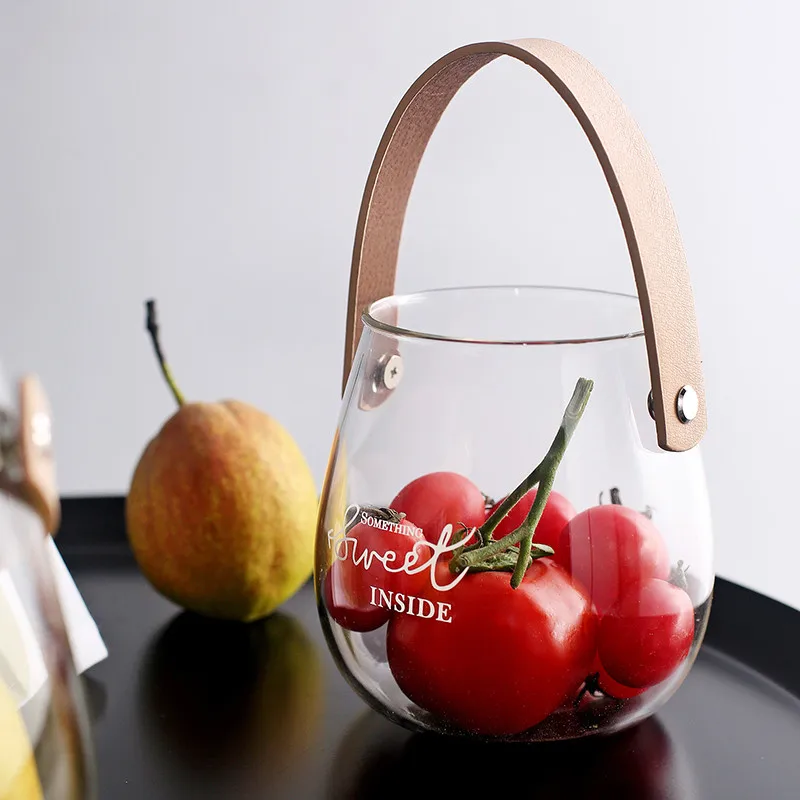 Nordic Modern Ins Leather Handle Glass Vase Creative Desktop Retro Design Transparent English Word | Дом и сад