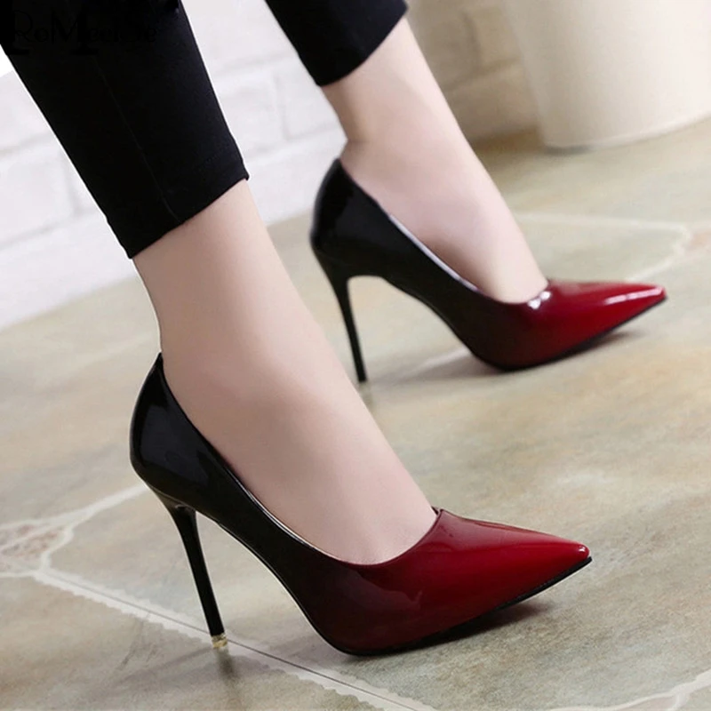 

2019 Shadow Women Shoes Pointed Toe Pumps Patent Leather Dress Wine Red 10CM High Heels Boat Shoes Wedding Shoes Zapatos Mujer