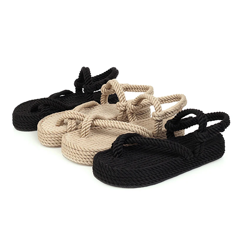 

WETKISS Hemp Rope Sandals for Women Summer Beach Sandals Flat Platform Shoes Woman Fisherman Flip Flops Ladies Sandals