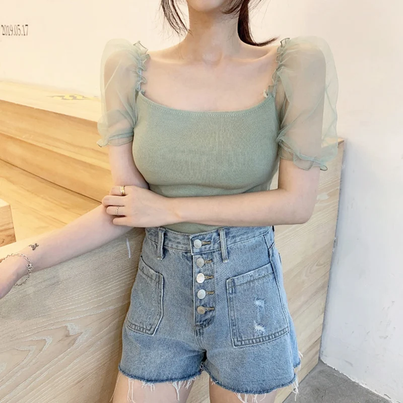 

Elegant Short Sleeve Blouses Women Mesh Patchwork Blouses Slash Neck Summer Shirt Fashion Top