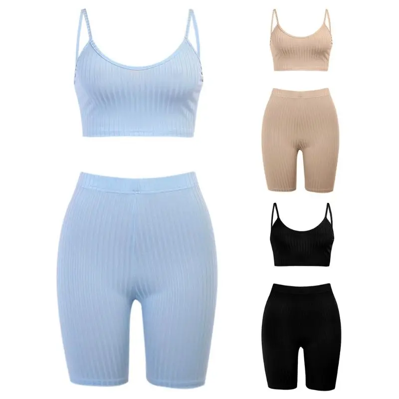 

Women 2 Piece Ribbed Solid Tracksuit Spaghetti Strap Crop Top Biker Shorts Set F42F