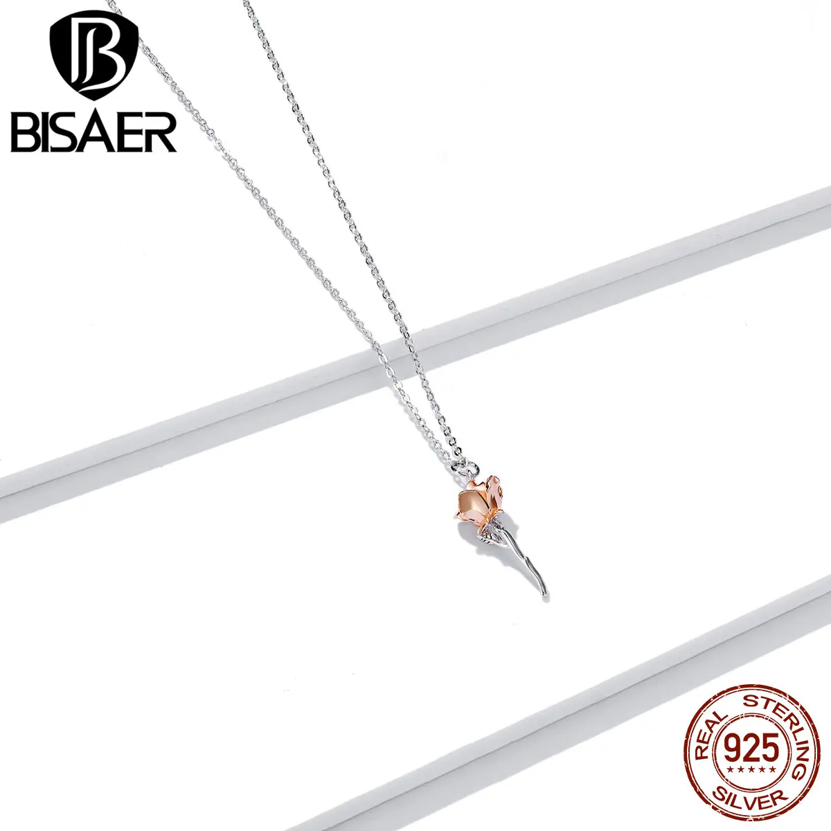 BISAER Graceful Rose Necklace 925 Sterling Silver Eternal Flower Chain Link For Female Jewelry 45cm Adjustable EFN190 | Украшения и