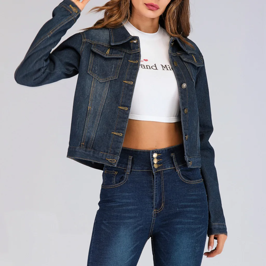 Женская короткая джинсовая куртка Повседневная Свободная с длинным рукавом и
