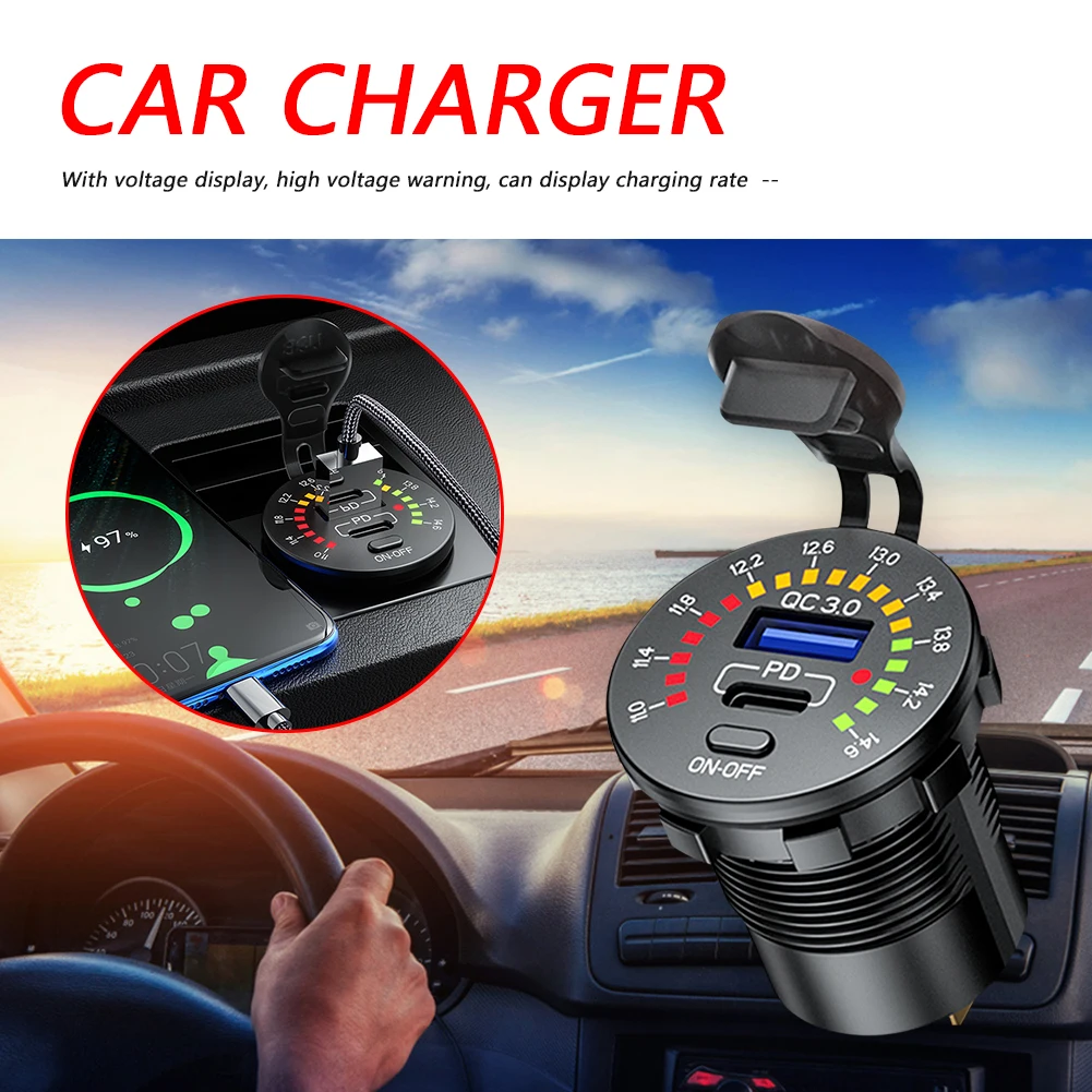 

Автомобильное зарядное устройство USB для автомобиля мотоцикла розетка питания QC3.0 + PD USB Тип C адаптер для быстрой зарядки со светодисветодио...
