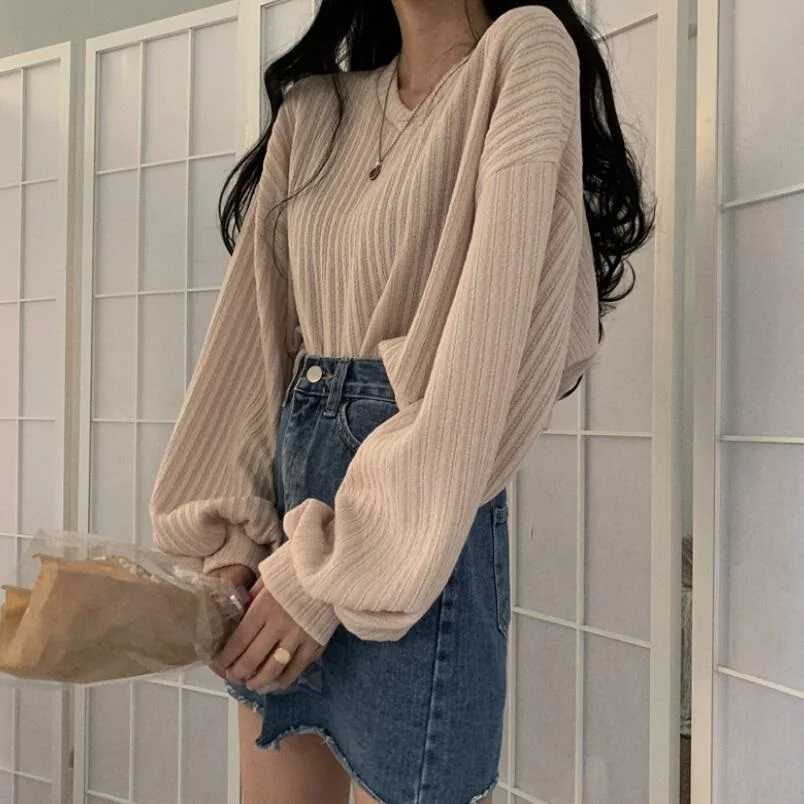 2020 Spring Fall Sweater Women Pullover Short Knit Jumper Long Lantern Sleeve V Neck Korean Ladies Female Casual JW9184 | Женская одежда