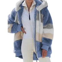 winter woman jacket fashion plush patchwork zipper pocket hooded fur coat retro loose long sleeve plus size top coat vrouw jas