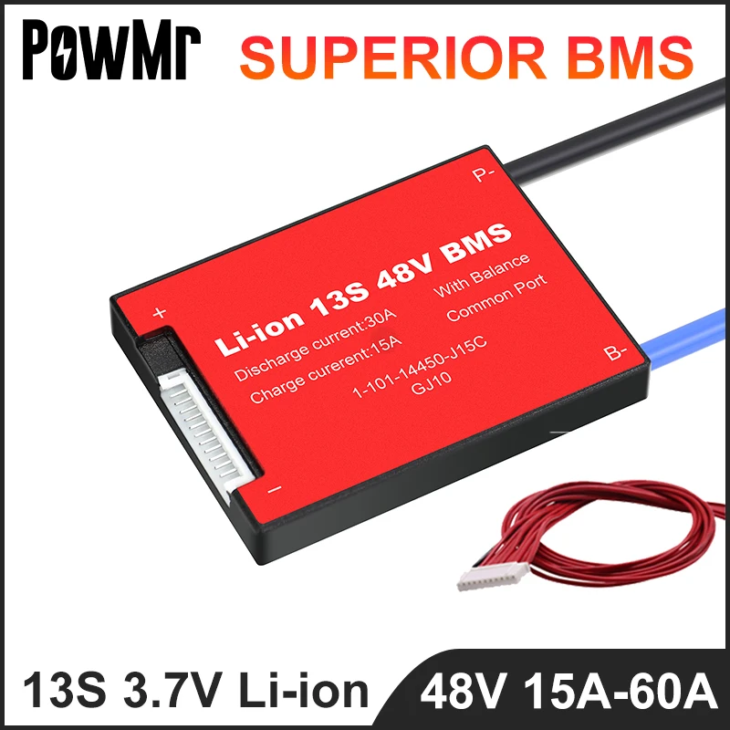 

PowMr 3.7V 13S 48V Common Port BMS With Cable 15A 20A 30A 40A 40A 50A 60A Lithium Battery Protection Board Li-Ion Batteria BMS