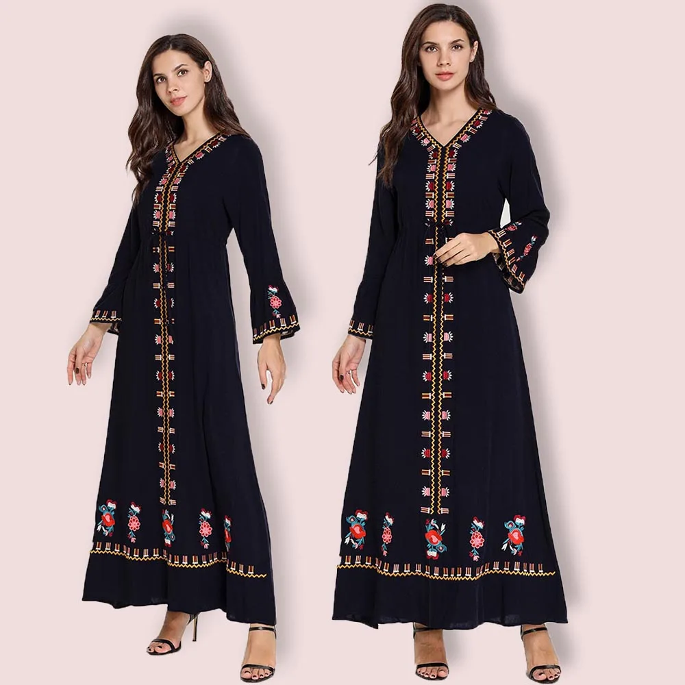 Платья с вышивкой BNSQ 2019 женский мусульманский свободный однотонный халат abaya