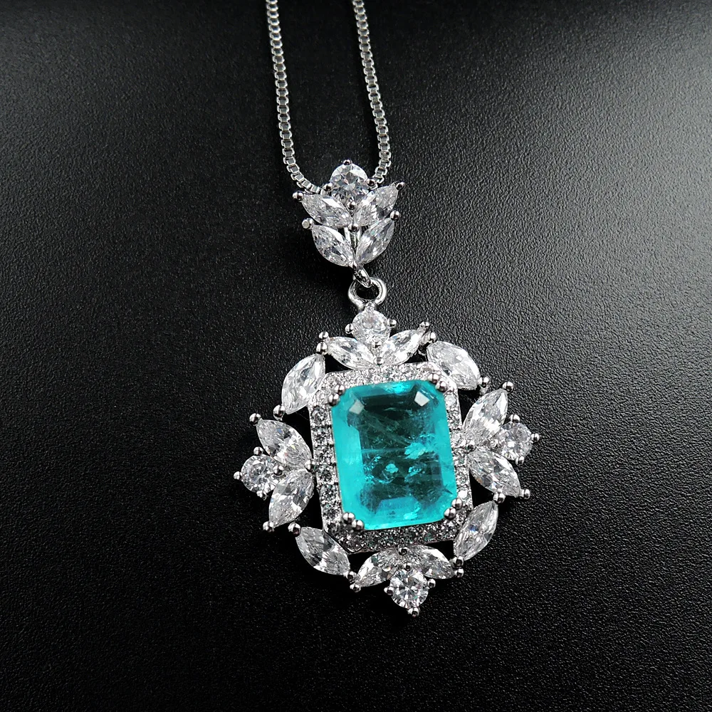 

KNRIQUEN 925 Sterling Silver Created Moissanite Paraiba Tourmaline Gemstone Wedding Pendent Necklace Fine Jewelry Wholesale