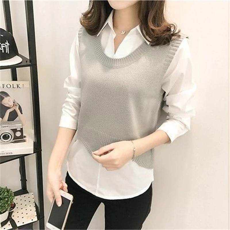 

Spring and Autumn Solid Color V-neck Short Wave Edge Edge Sleeveless Knitted Bottoming Sweater Vest Pullover and White Shirt