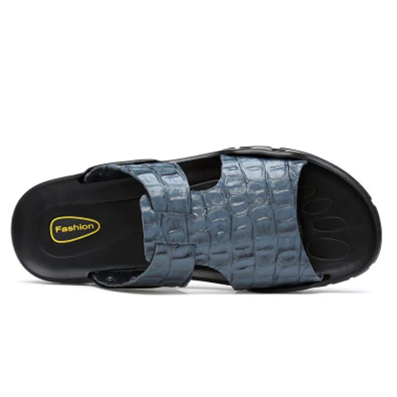 

Big Size 48 49 50 51 52 Men Summer Soft Crocodile Pattern Leather Slippers Outdoor Open Toed Slides High Quality Beach Sandals
