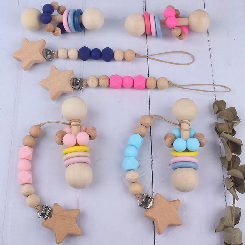 Juguetes de madera para beb&eacute;s, sonajero de haya, pulsera de estrella, campana, chupete, Clip, sonajero para beb&eacute;, cadena de chupete sonajeros y juguetes educativos-4