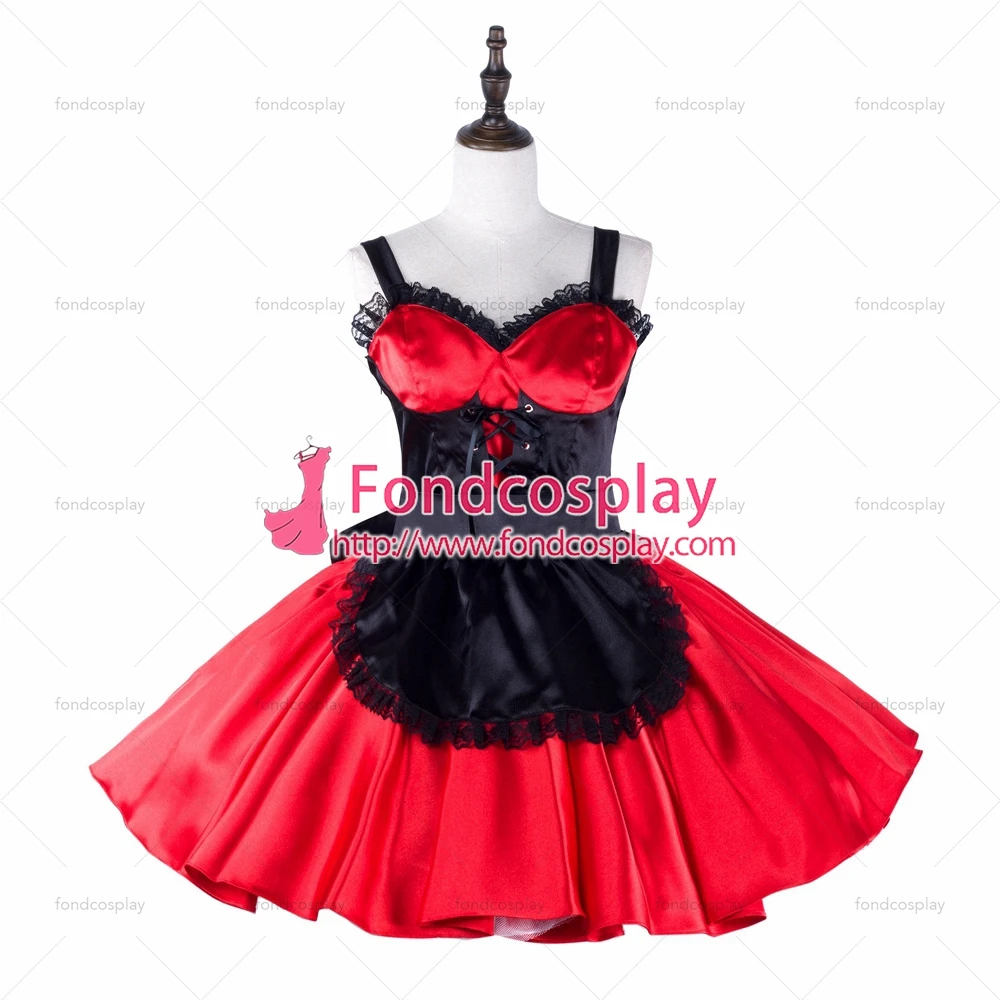 fondcosplay adult sexy cross dressing sissy maid short red satin dress black apron cape Uniform costume Tailor-made[G2329] |